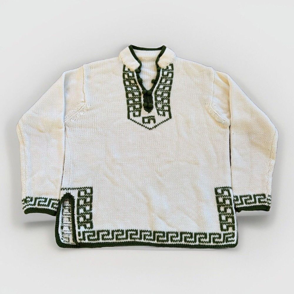 Vintage Carol Brent Sweater Womens M Cream / Green Acrylic Knit Tunic Blouse 60s